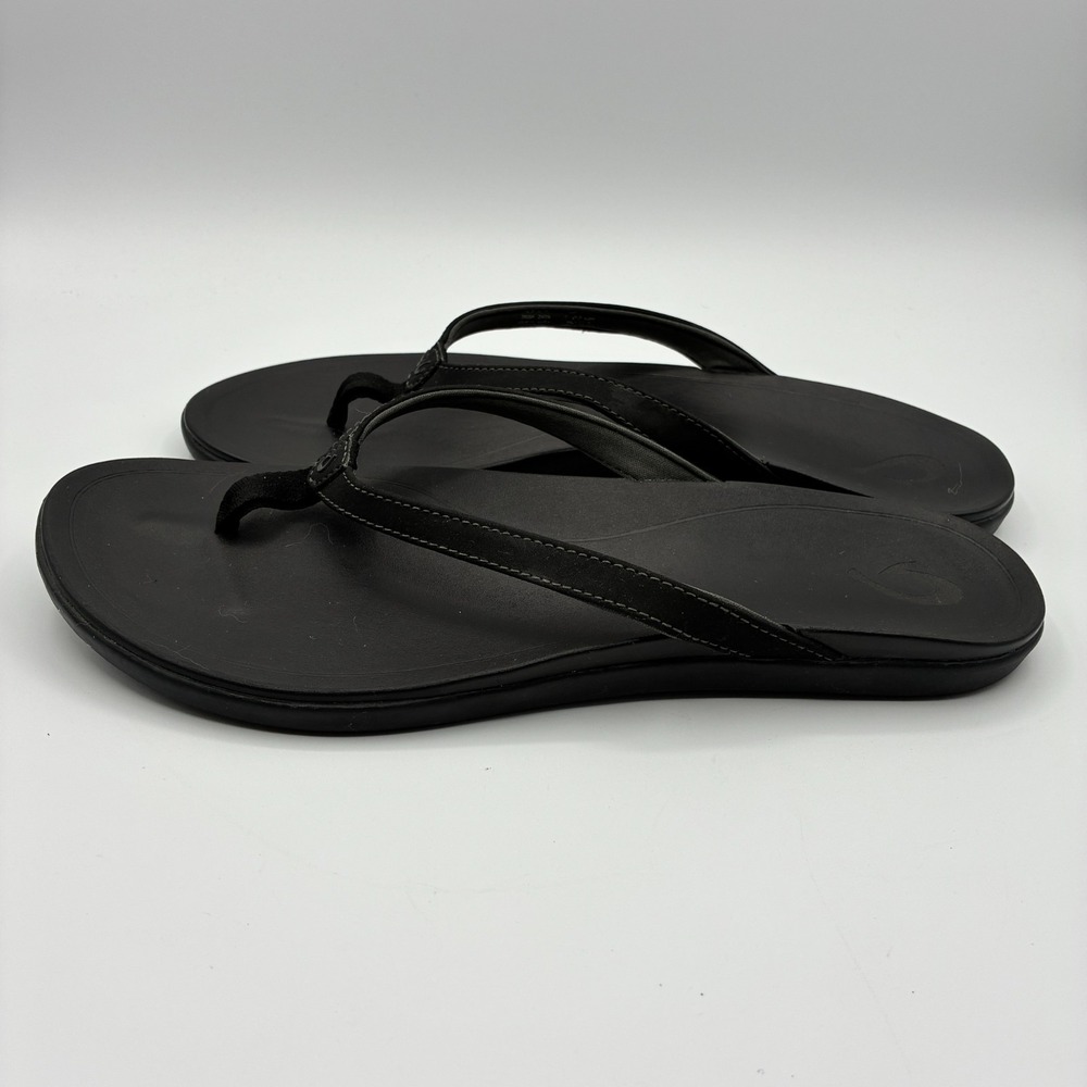 Olukai Flip Flops Womens 11 Ho'opio Black Leather Thong Flats Slip On Beach - Picture 4 of 10